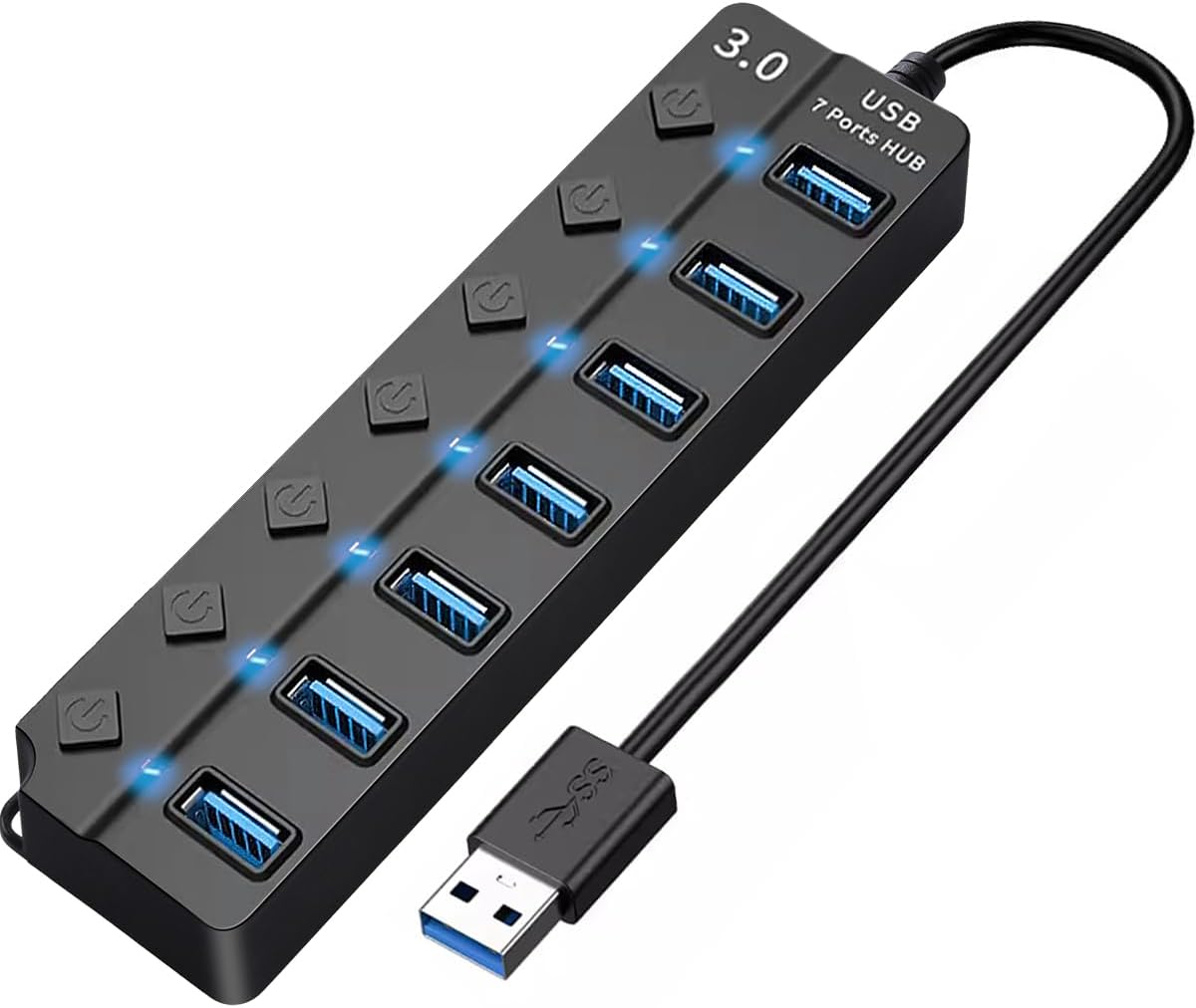 T Tersely USB 3.0 Powered Individual Power Switches and LEDs 7-Port USB Hub