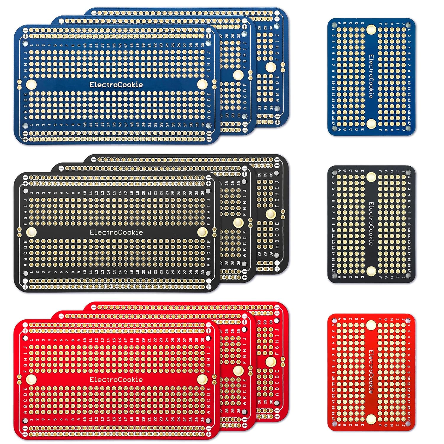 ElectroCookie Multicolor PCB Prototype Board 9-Pack Plus 3-Mini Solderable Breadboard