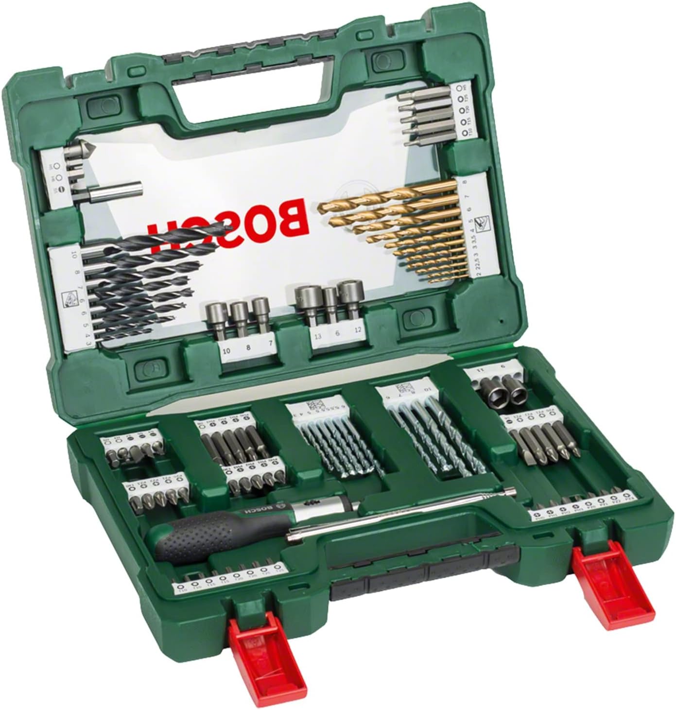 Bosch 91-Piece V-Line Titanium Drill Bit and Screwdriver Bit Set with Ratcheting Screwdriver Rotary Tool Accessory Set Bosch 91-Piece V-Line Titanium Drill Bit and Screwdriver Bit Set with Ratcheting Screwdriver Rotary Tool Accessory Set
